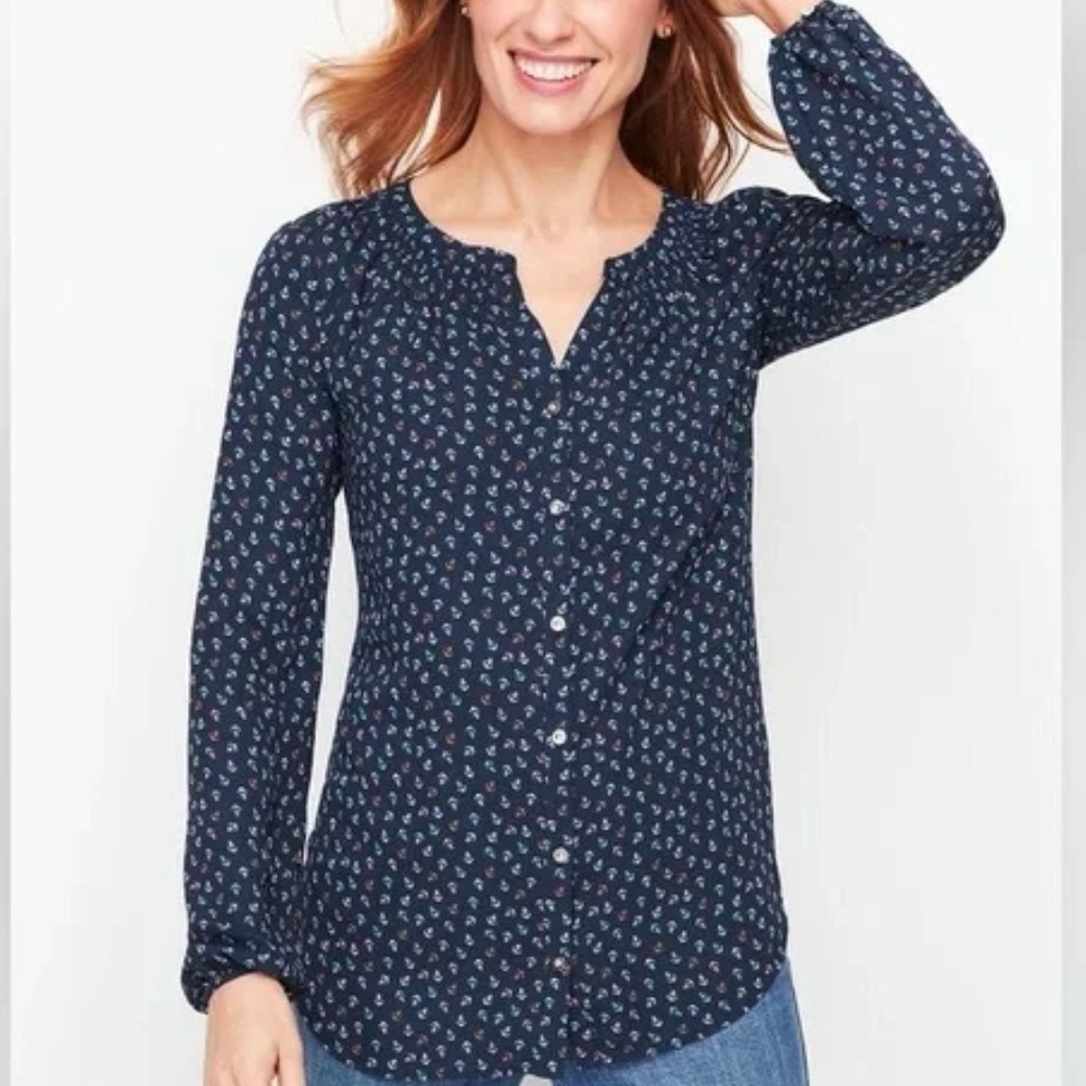 Talbots Women’s Long Sleeve Navy/Anchor Print Blouse